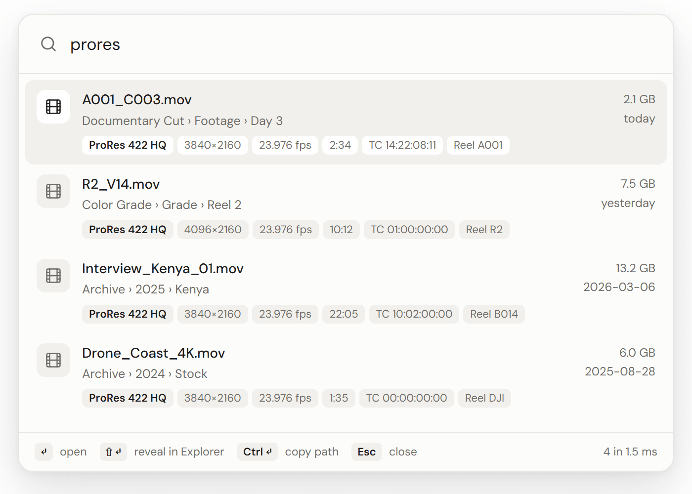 Search for prores: four clips, each with its codec, resolution, frame rate, duration, timecode and reel.